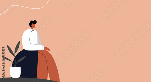 A modern illustration of a person sitting calmly next to a potted plant, offering a peaceful design with ample copy space for various business or lifestyle concepts.
