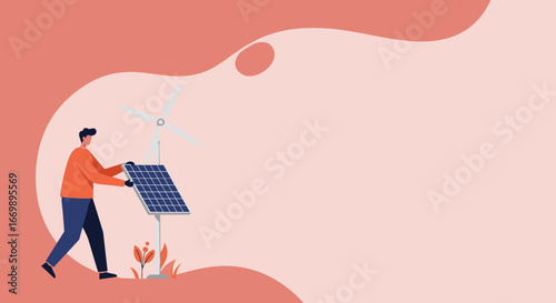 Man installing a solar panel with a wind turbine nearby, symbolizing sustainable energy and environmental care for a greener future.