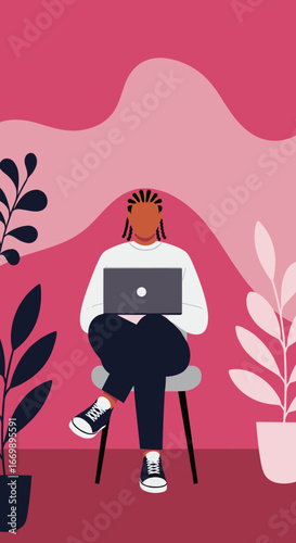 Stylish individual working on a laptop in a vibrant, modern home office setting. Represents remote work, productivity, and contemporary lifestyle. Ideal for business, technology, or creative concepts.
