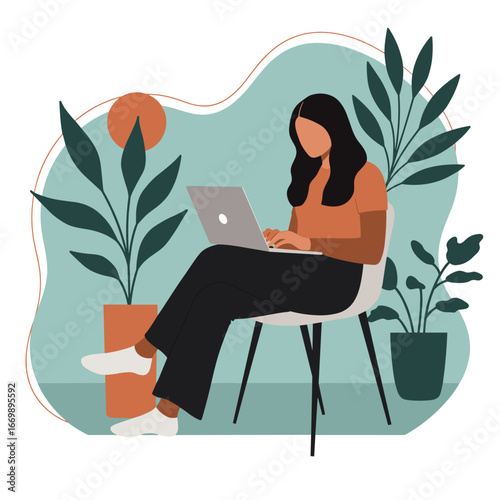 A woman comfortably works on her laptop at home, surrounded by indoor plants, depicting remote work, freelancing, and a balanced modern lifestyle.