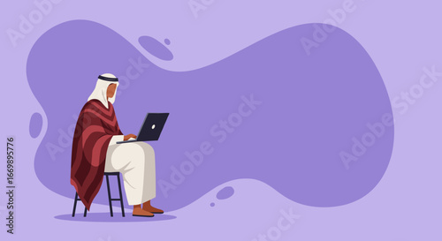 Arab man in traditional attire working on a laptop, symbolizing remote business, online education, and digital connection in a modern world.
