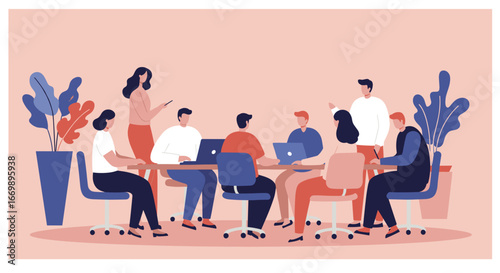 Diverse business team collaborating in a modern office meeting, discussing ideas and working together. Professional environment for teamwork and innovation.