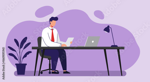 Professional businessman working diligently at his office desk with a laptop and documents. Ideal for business, productivity, and corporate themes.