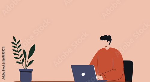 Person working on laptop at desk with plant, representing remote work, online learning, or digital tasks. Ideal for business, technology, or lifestyle content.