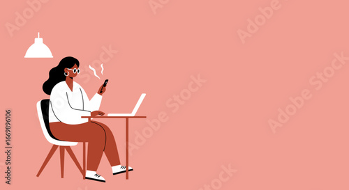 Young woman works remotely, focusing on her smartphone while her laptop is open. Represents digital communication, online business, and a modern lifestyle or a work break.