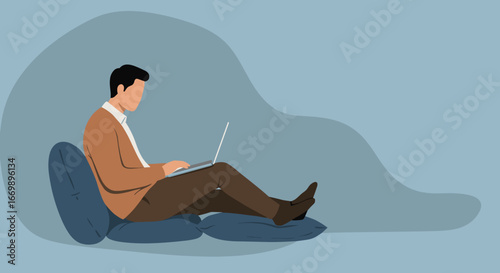 Man comfortably working from home on a laptop, embodying remote work, digital lifestyle, and flexibility. Ideal for business, technology, or wellness themes.