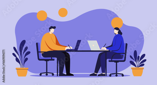 Two professionals collaborating in a modern office space, working on laptops. Ideal for business, teamwork, or technology concepts.