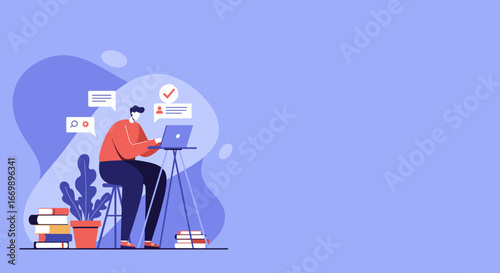 A focused man works on his laptop with communication and task icons, representing remote work, online learning, or productivity.