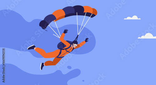 Skydiver in an orange suit soaring through a clear blue sky, experiencing freedom and the thrill of adventure. Perfect for concepts of courage or extreme sports.