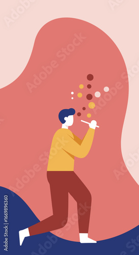 A person in flat design style blows colorful bubbles, representing creativity, joy, and lightheartedness. Ideal for concepts of imagination, play, or relaxation.
