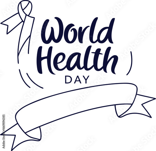Vector art of world health day text with ribbon and banner