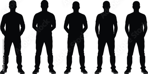 Silhouettes of five men standing straight, casual clothing, hands in pockets, black outline, isolated white background, modern style, group pose, male figures, confident stance
