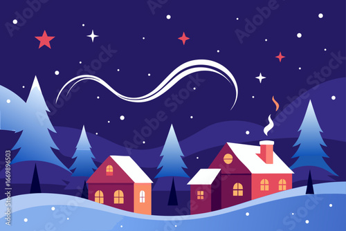 A snowy Christmas village at night with a winter landscape of houses and trees