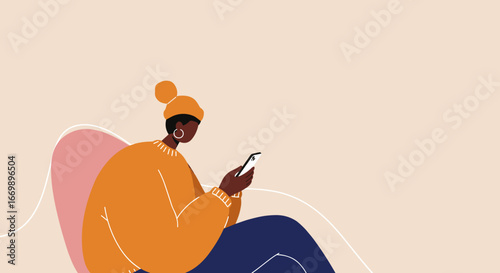 Young Black woman casually sits and uses her smartphone, ideal for illustrating digital communication, social media, or online connectivity.