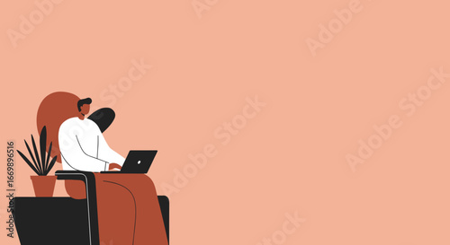 Young person focused on remote work or online learning with a laptop in a relaxed home setting. Represents modern digital lifestyle and productivity.