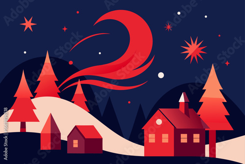A spooky Halloween illustration of a lone haunted house on a winter hill at night with a full moon in the dark sky