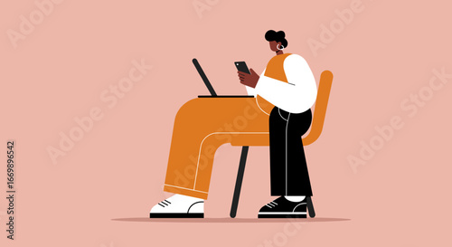 Illustrated person multitasking, working on a laptop while checking their smartphone. Represents remote work, digital communication, and modern business lifestyle.