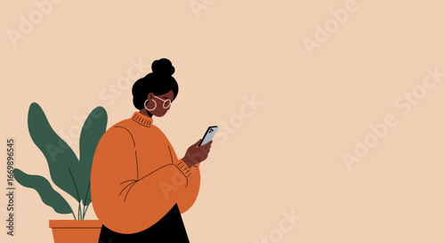 Young Black woman uses smartphone, engaging with technology in a casual setting. Ideal for themes of communication, social media, remote work, or modern lifestyle.