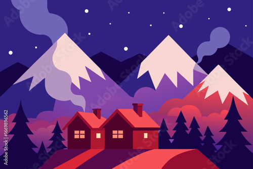 A festive winter village landscape with cozy cottages under a snowy night sky and a full moon