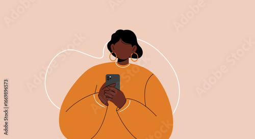 Stylish Black woman using smartphone for communication, social media, or online tasks. Represents modern digital lifestyle and connectivity.