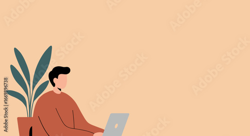 Modern illustration of a person focused on work or study using a laptop, representing remote productivity and digital lifestyle.