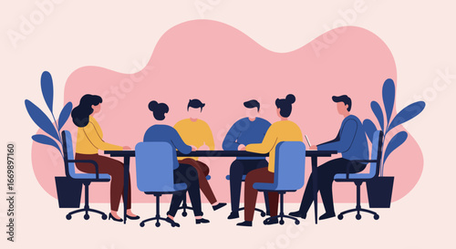 Diverse team collaborating around a meeting table, engaged in a productive discussion in a modern office environment. Ideal for business, teamwork, and communication concepts.