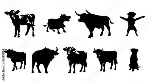 Farm animals silhouettes for creative design projects including cows, bulls, and a friendly dog