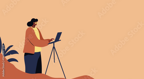 Focused woman working remotely on a laptop outdoors. Represents freelance, digital learning, and modern work lifestyle.