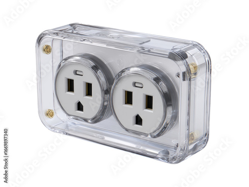 Clear plastic enclosure housing two electrical outlets