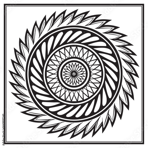 Intricate black and white circular mandala design with radial symmetry and feathered outer edges