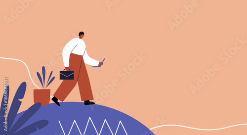 Modern professional walking with a laptop and briefcase, symbolizing business, remote work, and career progression in a stylized environment.