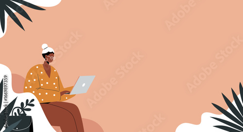 Professional woman working remotely on laptop with a relaxed, modern aesthetic. Ideal for themes of freelance, online business, and digital lifestyle.