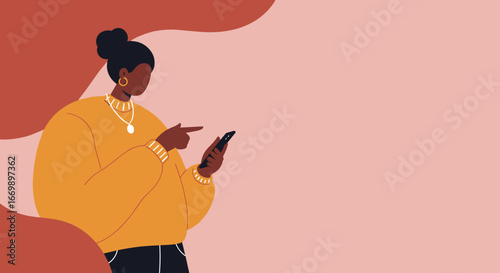 Modern illustration of a young Black woman using a smartphone, pointing at the screen. Perfect for digital communication, lifestyle, or technology concepts.