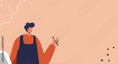 A flat design illustration of a man holding a pen, focused on creative work or planning. Ideal for business, education, and content creation.