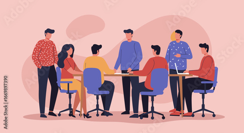 Diverse business team collaborates around a table in a modern office, fostering teamwork and discussion. Ideal for corporate, project management, or startup themes.