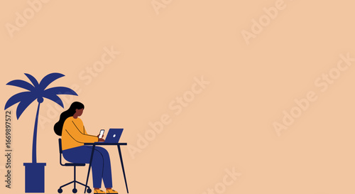Woman working remotely on laptop and phone next to a potted palm tree, embodying flexible work, digital nomad lifestyle, and technology.