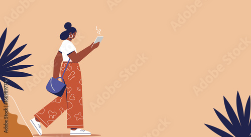 Stylish woman walks with a hot beverage and phone, surrounded by abstract plants. Ideal for daily routine, modern lifestyle, or on-the-go concepts.