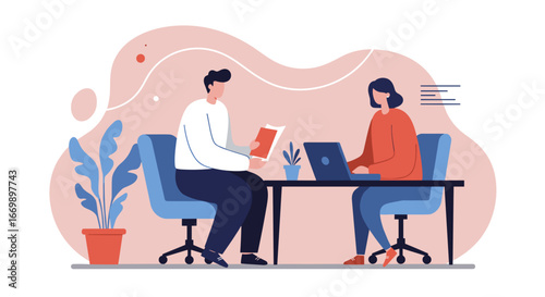 Two professionals collaborate in a modern office, one reviewing documents while the other works on a laptop. Ideal for business, teamwork, and productivity concepts.