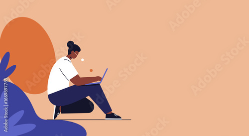 Modern illustration of a diverse person focused on work, typing on a laptop. Ideal for concepts of remote work, online learning, or digital lifestyle.