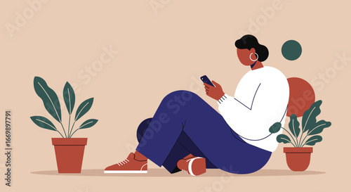 Relaxed person casually using a smartphone at home, surrounded by potted plants. Ideal for concepts of digital lifestyle, social media, and remote connectivity.