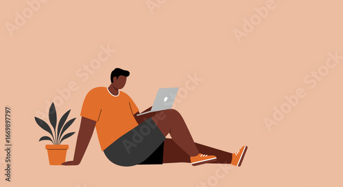 Man casually working on laptop at home, embodying remote work and digital lifestyle. Ideal for business, technology, and personal growth concepts.