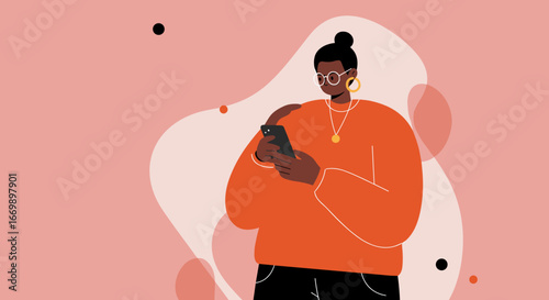 Modern illustration of a stylish Black woman focused on her smartphone. Ideal for digital communication, social media, or connectivity concepts.