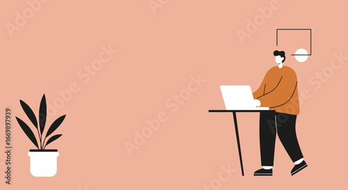 A minimalist illustration of a person working remotely on a laptop with a plant nearby. Represents productivity, remote work, and modern business lifestyle.