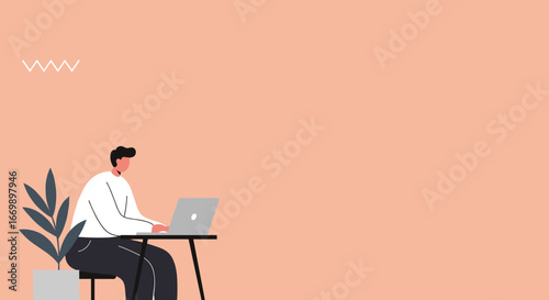 Focused man works remotely on laptop at a minimalist desk, embodying productivity, flexible work, and modern lifestyle. Ideal for business, education, or technology themes.