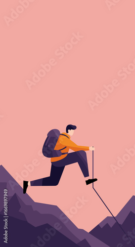 Adventurous hiker exploring mountain peaks, demonstrating perseverance and a healthy, active lifestyle. Ideal for travel, outdoor, and challenge concepts.