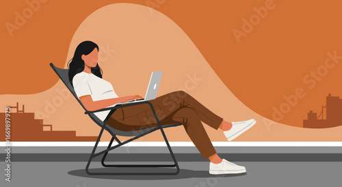 Relaxed woman using a laptop outdoors, embodying flexible work, remote productivity, and a modern lifestyle from a rooftop or balcony.