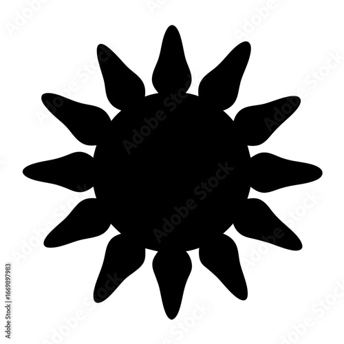 Black sun silhouette with petallike rays emanating from the central circle