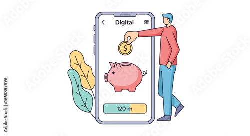 piggy bank mobile app concept vector illustration, saving money, finance icon, digital banking, flat design 