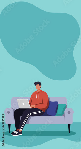 A young man casually works from home on his laptop, sitting comfortably on a sofa. Illustrates remote work, online learning, or digital freelancing.