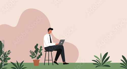 Professional man working remotely on his laptop in a relaxed, green environment. Ideal for concepts of productivity, digital work, and modern business.